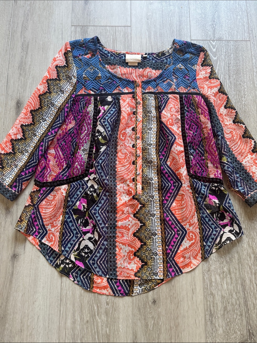 Anthropologie Multicolor Boho Mixed-Print Tunic in Coral, Navy & Purple